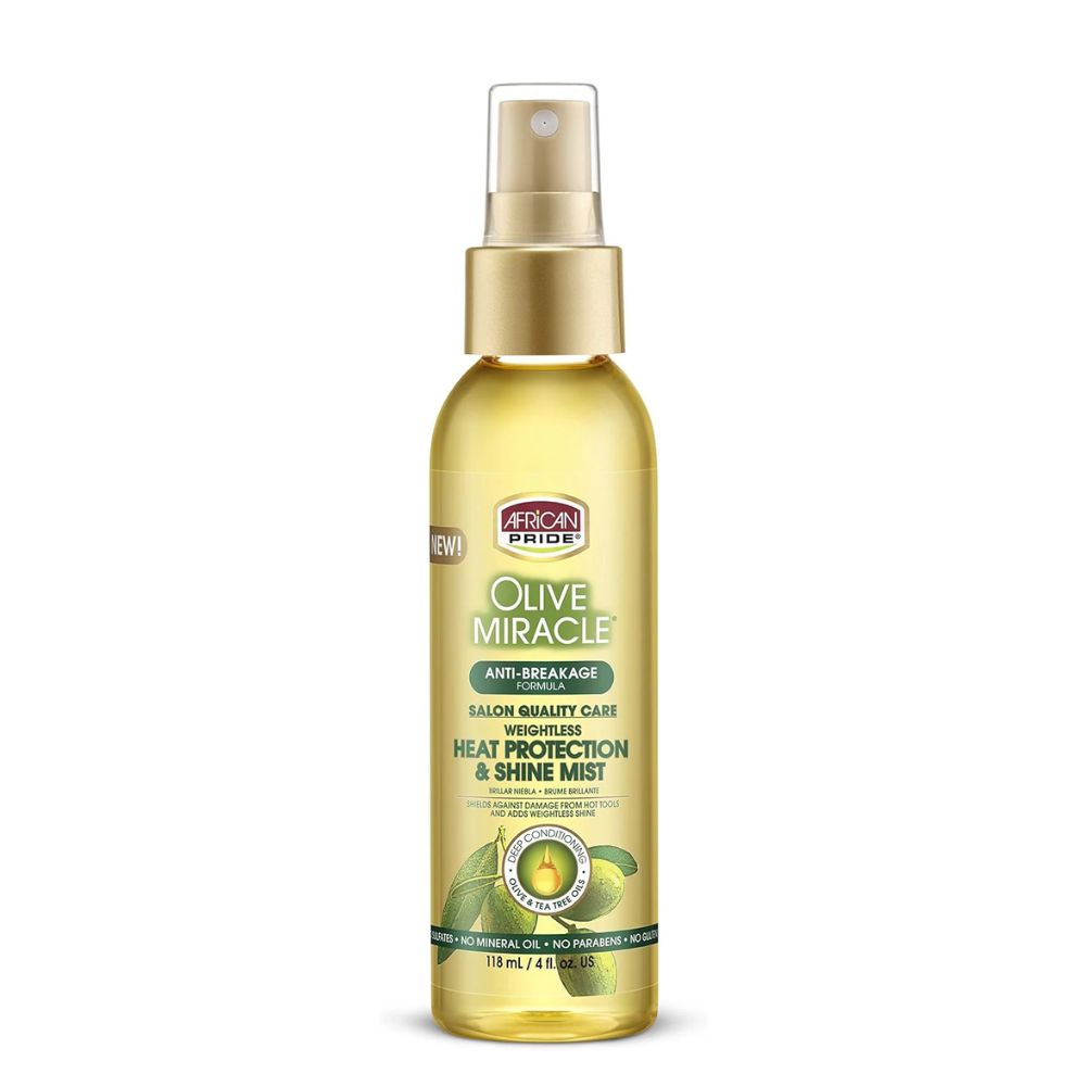 African Pride Olive Miracle Weightless Heat Protection & Hair Shine Mist, enrichi en huiles d'olive et d'arbre à thé, 4 oz